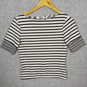 Three Dots Sz XS Striped Boat Neck Short Sleeve Shirt Nautical Criss Cross Black
